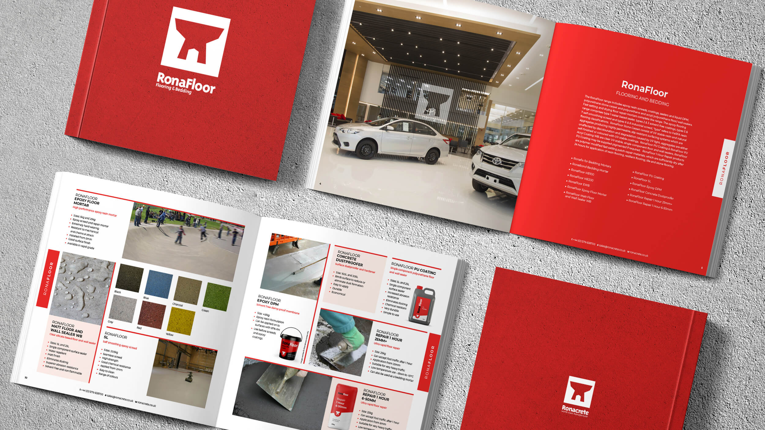 Ronafloor brochure pages and covers showing a range of products available
