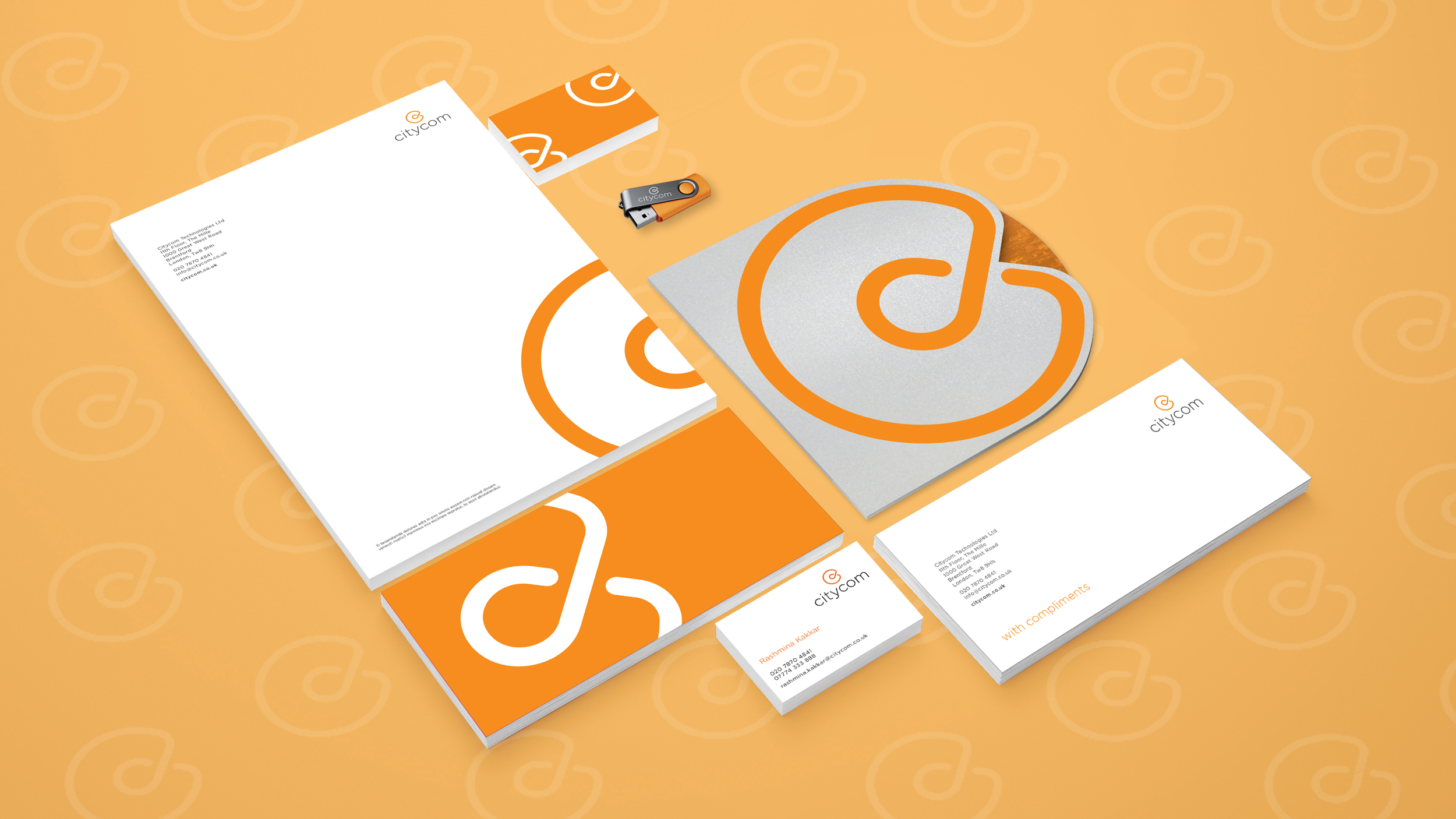 Bespoke stationery including business cards, letterheads and a welcome pack designed for Citycom