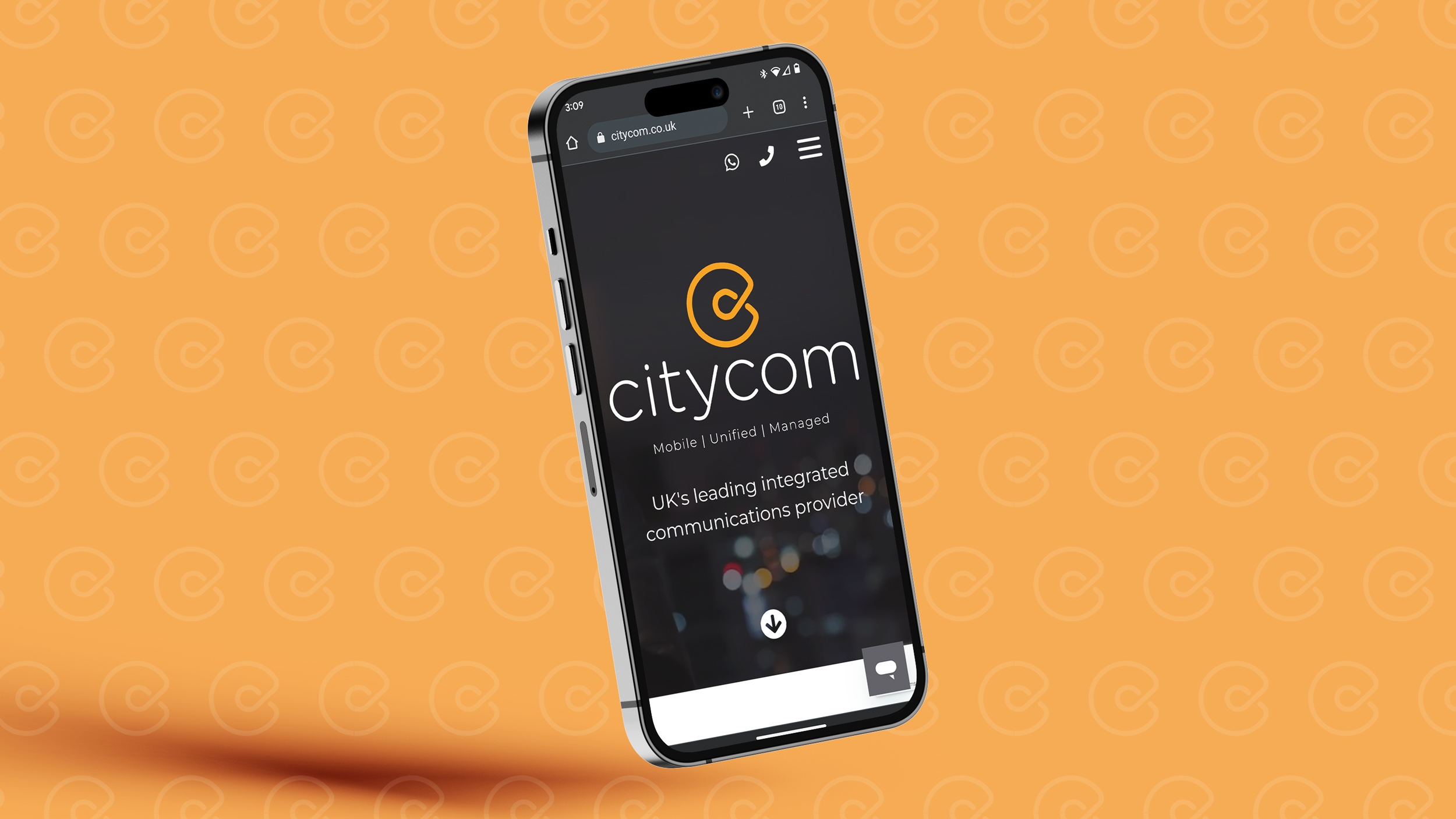 Citycom website shown on a mobile phone