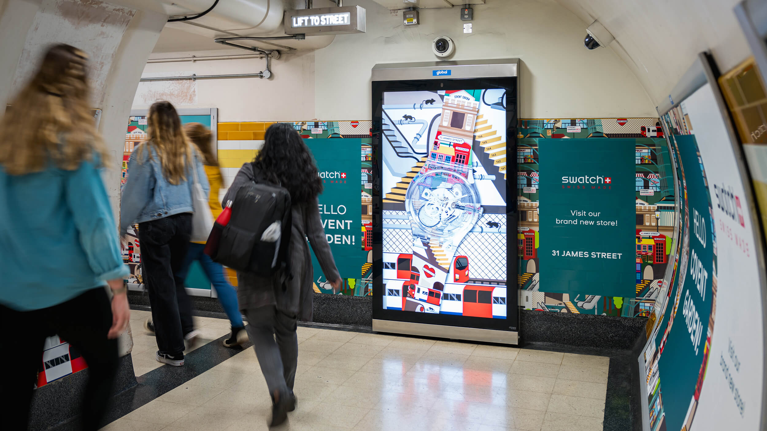 Swatch digital screen artwork in Covent Garden London Underground station