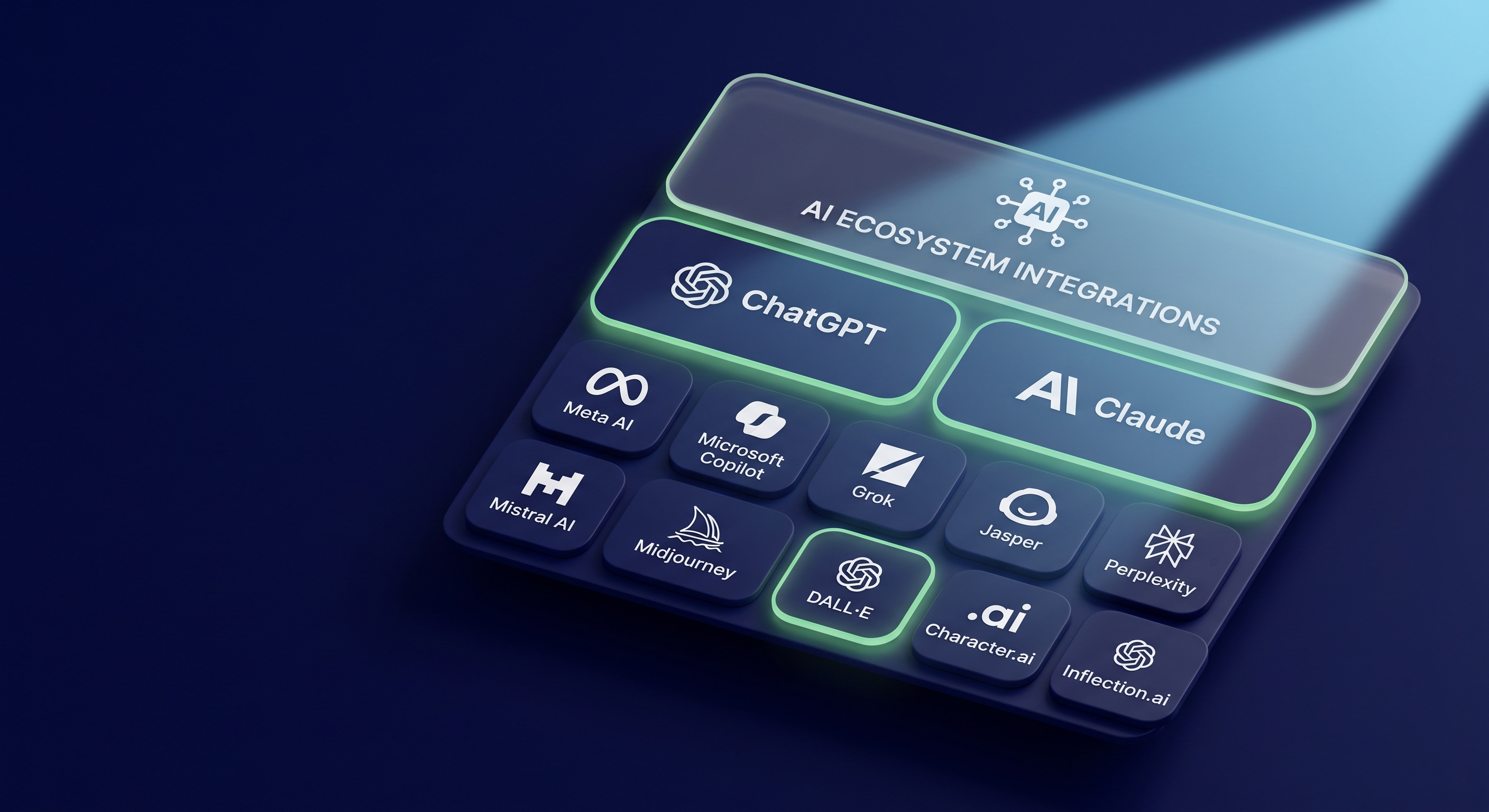 Abstract 3D web page of layered panels lit by a blue scanning beam on a navy background